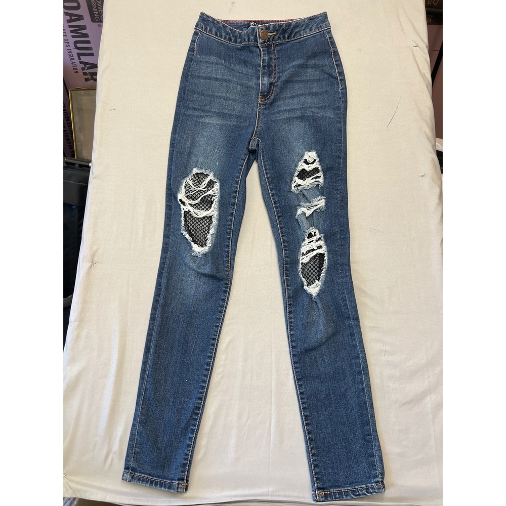 Boom Boom Jeans Womens High Waisted Distressed Fishnet Skinny Jeans Blue Size 5